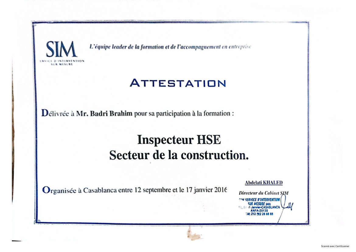 Attestation SIM — Inspecteur HSE, Brahim Badri