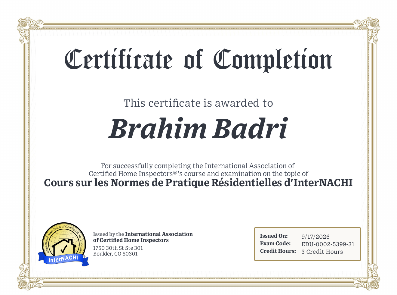 Certificat InterNACHI — Normes de Pratique
