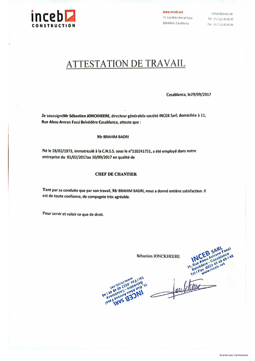 Attestation INCEB — Chef de Chantier, Brahim Badri