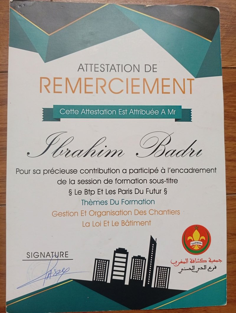 Attestation de remerciement — Formation BTP