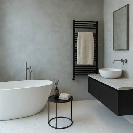 Salle de bain moderne avec murs en béton ciré gris